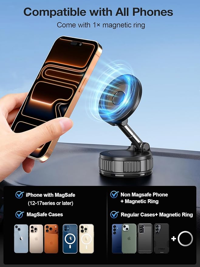 Magnetic Phone Holders for Your Car, Vacuum Suction Cup Phone Mount with Strong Stable Suction[360° Rotation Base], Car Phone Holder for iPhone 17 Pro Max 16 15 14 13 12 Plus