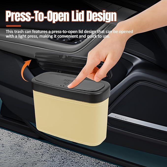 Wuyaoyao Car Trash Can with Lid, Leather Automotive Trash Bin with Garbage Bags, Leakproof Cars Door Hanging Garbage Can, Mini Multi-Purpose Vehicle Storage Organizer, Interior Car Accessories (Beige)