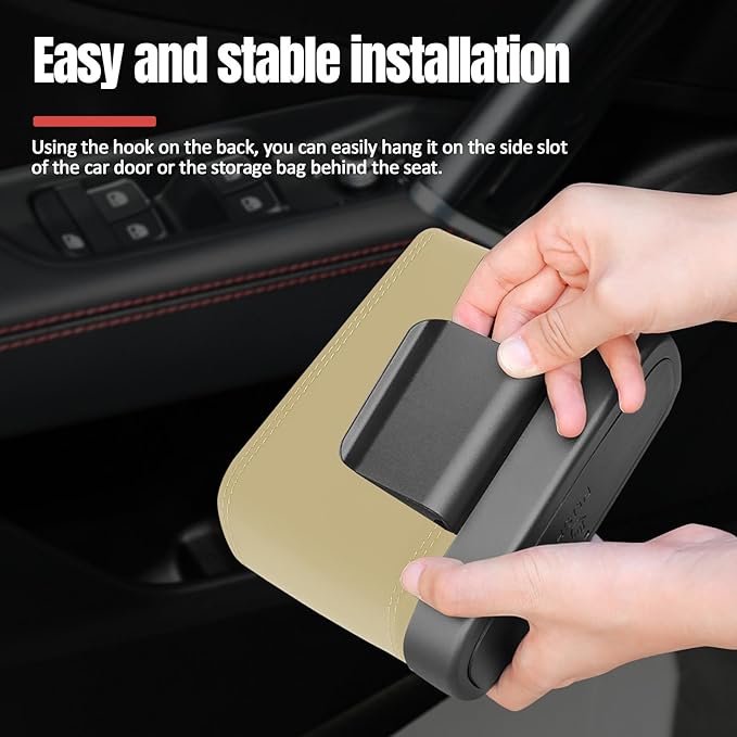 Wuyaoyao Car Trash Can with Lid, Leather Automotive Trash Bin with Garbage Bags, Leakproof Cars Door Hanging Garbage Can, Mini Multi-Purpose Vehicle Storage Organizer, Interior Car Accessories (Beige)