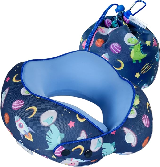 SKYTRAX® Certified Kids Safe Memory Foam Travel Neck Pillow for Kids and Toddlers, Cute Cartoon Design, Car Seat & Airplane Head Neck Support, Adjustable Snap Button, Washable Soft Cover (Dinosaur)