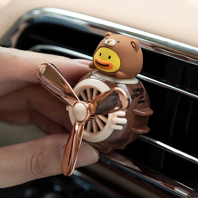 2 Pieces Car Air Fresheners, Cute Bear Pilot Car Diffuser, Propeller Air Outlet Vent Fresheners, Automotive Interiors Vent Decoration (Black+Brown)