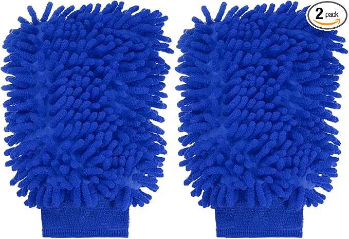 HARFINGTON 2pcs Premium Chenille Microfiber Car Wash Mitts 9.8" x 7.9" Scratch Free Wash Gloves Absorbent Double Sided Plush Cleaning Drying Mitts for Car Washing Home Blue