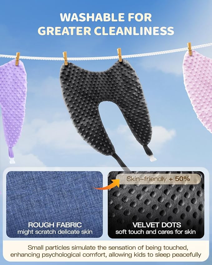 Memory Foam Kids Travel Pillow, Car Pillow for Kids, H-Shape Car Pillows for Sleeping, Removable Pillowcase, Adjustable, Velvet Dots, Black