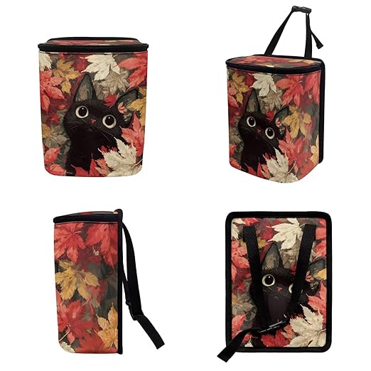 1.2 Gallons Trash Can for Cars SUV, Autumn Leaves Black Cat Backseat Driver Garbage Bag for Car, Adjustable Hanging for Tail of Console/Back of Seats, with Zipper Leak-Proof Lid Design