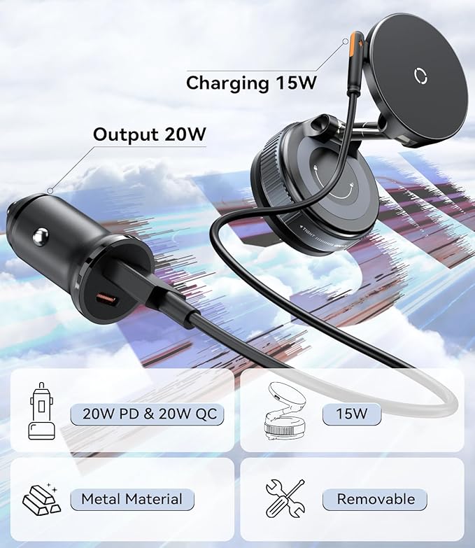 15W for MagSafe Car Mount Charger, Magnetic Wireless Car Phone Holder for iPhone 17 16 15 14 13 12 Pro Max, 360° Adjustable iPhone Charger for Car with USB C Car Charger Adapter