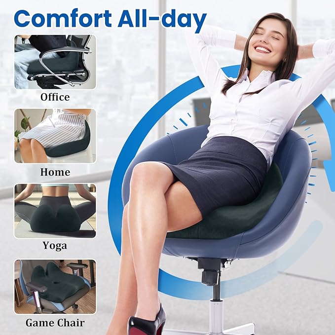 Seat Cushion, Memory Foam Office Chair Seat Cushion for Office Chairs/Car/Long Trip/Desk Chair/Gaming, X-Large Size for Sciatica & Hip & Tailbone Pain Relief, Sciatica Support (Deep Green)