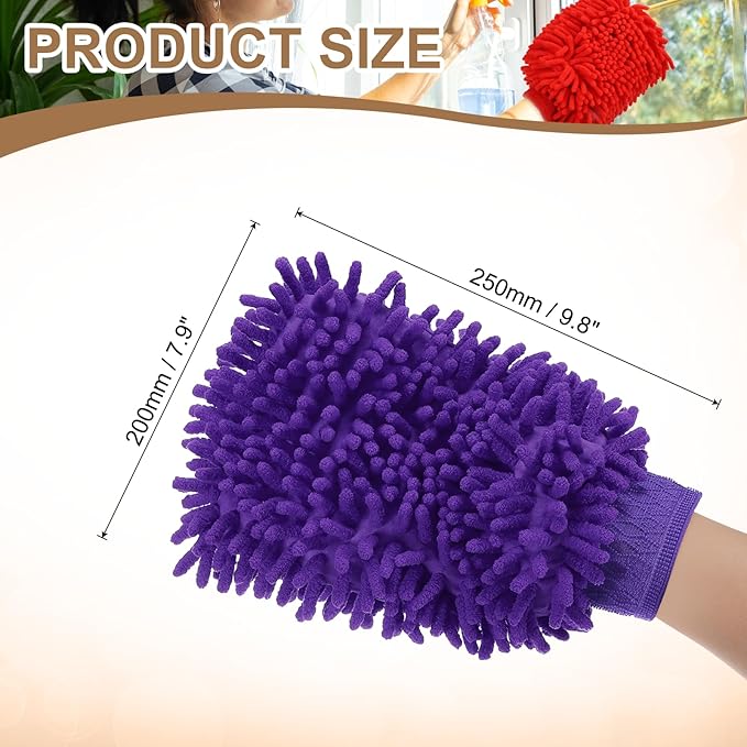 HARFINGTON Chenille Microfiber Car Wash Mitts 9.8" x 7.9" Scratch Free Wash Gloves Absorbent Double Sided Plush Cleaning Drying Mitts for Car Washing Home Purple