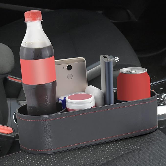 Car Cup Holder Expander Organizer,Multifunctional Cup Drink Holders with PU Leather Cover,Side Insert Center Console Seat Gap Filler Storage Box for Mug Bottle CellPhones Keys Coffee Coasters Cards