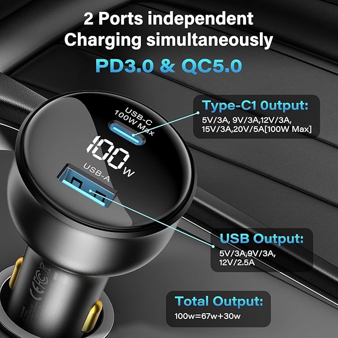 100W USB C Fast Car Charger with Display, PD3.0+QC Type C Car Charger Adapter with 100W USB C Fast Cable, Fast Charging for Laptops, MacBook Pro, iPad, iPhone 16/15/Pro Max, Galaxy S24/S23 Ultra Etc.
