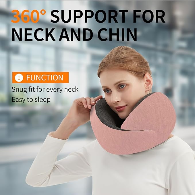 Travel Neck Pillow for Airplane – Memory Foam 360° Support Compact Design Ergonomic Flight Pillow for Sleeping & Neck Support Portable Travel Pillows for Adults, Car, Office Home (Pink)