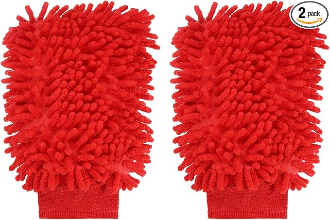 HARFINGTON 2pcs Premium Chenille Microfiber Car Wash Mitts 9.8" x 7.9" Scratch Free Wash Gloves Absorbent Double Sided Plush Cleaning Drying Mitts for Car Washing Home Red