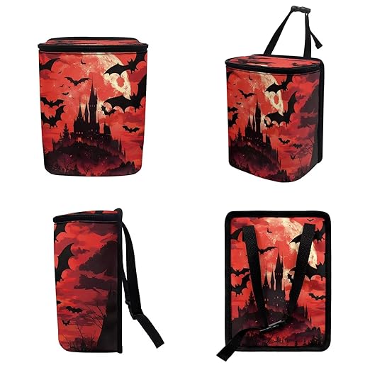 1.2 Gallons Car Trash Bin, Gothic Halloween Print Trash Can for Truck, Adjustable Hanging for Tail of Console/Back of Seats, Odor-Free with Zipper Leak-Proof Design, Mini Size for Convenience
