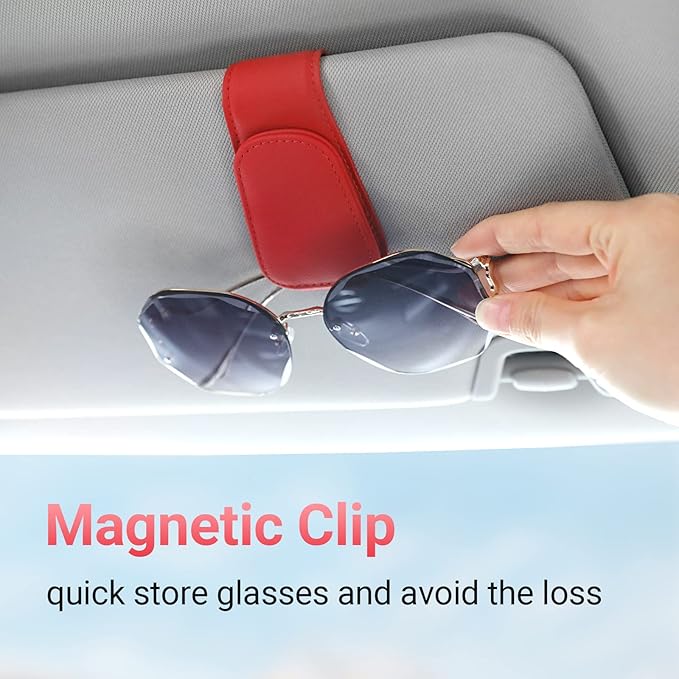 KanSmart Sunglass Holder for Car Visor Sunglasses Clip Magnetic Leather Glasses Eyeglass Holder Truck Car Interior Accessories Universal for Woman Man -Red