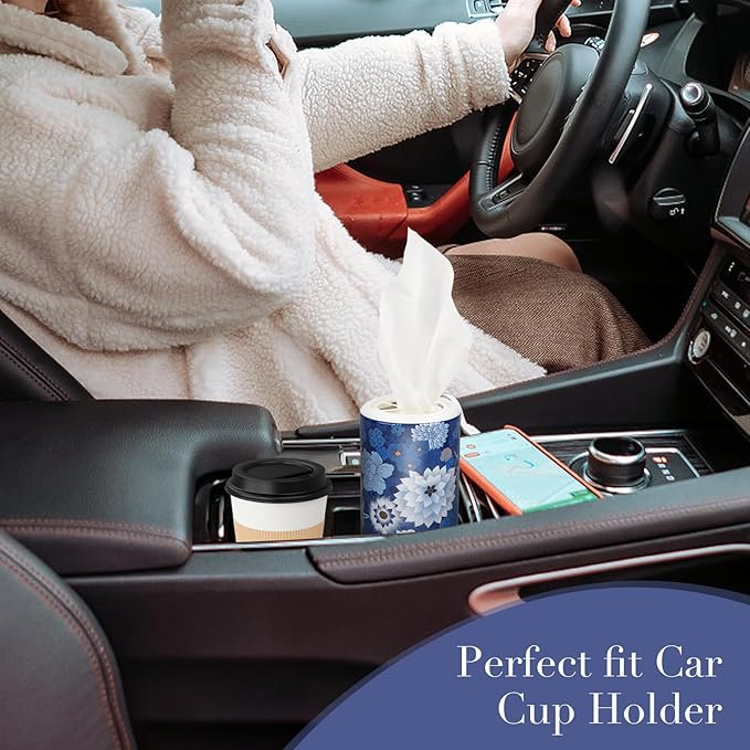 CLOVER Facial Tissues with Cap - 4 PK Car Tissues Cylinder,Car Tissue Holder with 200 Sheet 3-ply Facial Tissues,Round Tissue Boxes for car,Travel Tissues for Car Cup Holder