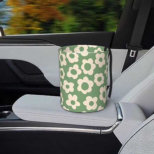 Car Trash Bag Vintage Green Groovy Flowers Waterproof Trash Small Car Can Portable Collapsible Car Garbage Can Hanging for Back Seat Floor or Hanging Headrest Car Decor Road Trip Essentials