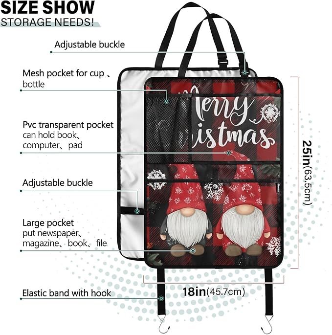 1 Pack Back Seat Car Organizer with Storage Pockets Kick Mats Back Seat Protector Hanging Car Organizer Automotive Seat Back Cover Organizers Red and Black Checkered Christmas Gnomes