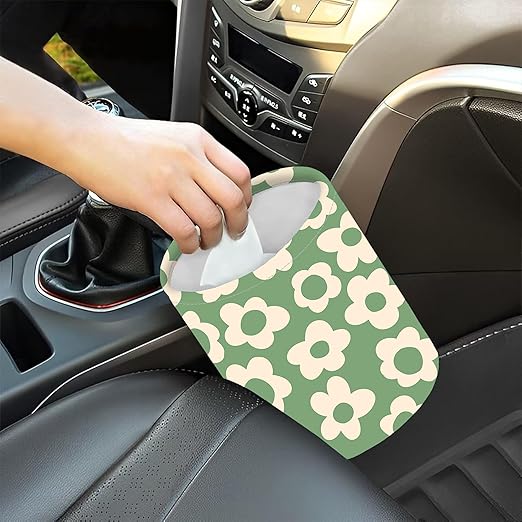 Car Trash Bag Vintage Green Groovy Flowers Waterproof Trash Small Car Can Portable Collapsible Car Garbage Can Hanging for Back Seat Floor or Hanging Headrest Car Decor Road Trip Essentials