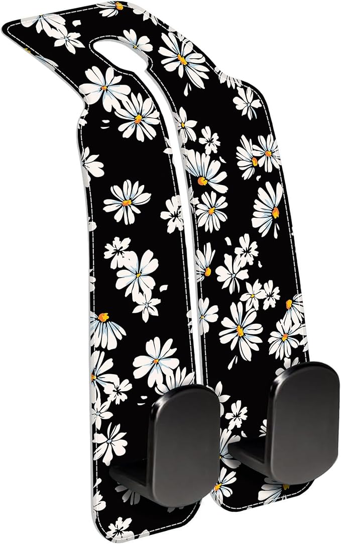 1 Pack Car Seat Headrest Hooks for Purses and Bags Watercolor Daisy Floral Bag Purse Holder for Car with Double Metal Hooks Car Purse Hanger Hanging Accessories