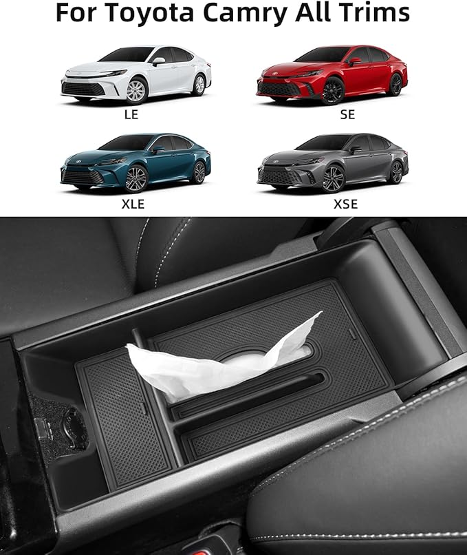 Armrest Center Console Organizer for 2025 2026 Toyota Camry(LE/SE/XLE/XSE) with Removable Rubber Mat, 2025 2026 Toyota Camry Accessories-Black