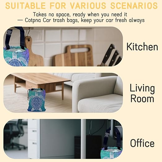 Sea Turtle Car Garbage Bag,Blue Marine Turtle Small Car Trash Bag Hanging Back of Seat,Drawstring Car Trash Bag with Adjustable Buckle,Car Accessories for Camping Travelling