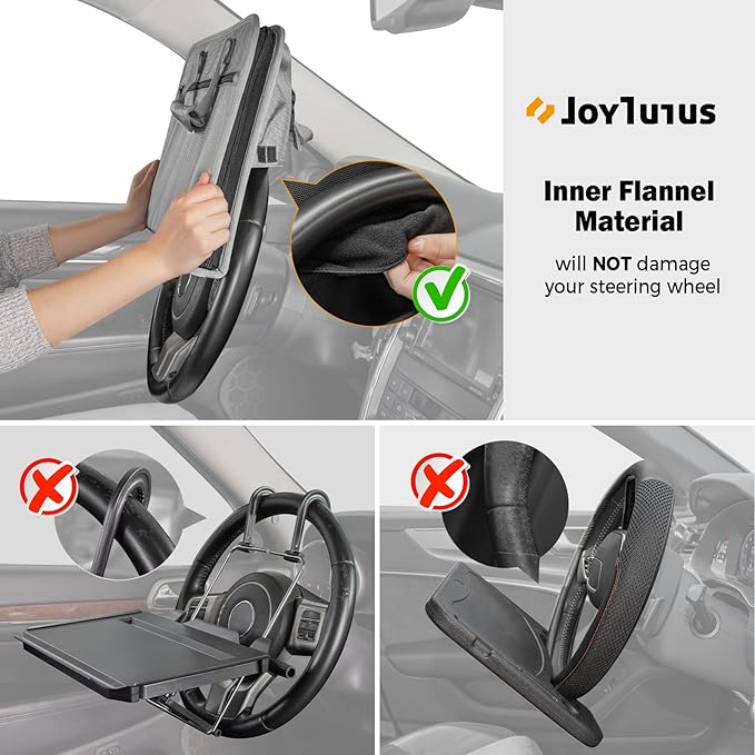 JOYTUTUS 3 in 1 Steering Wheel Eating Tray (Gray), Car Back Seat Laptop Desk, Multifunctional Office Bag, Car Work Table for Writing, Car Organizer for Kids, Commuters, Family