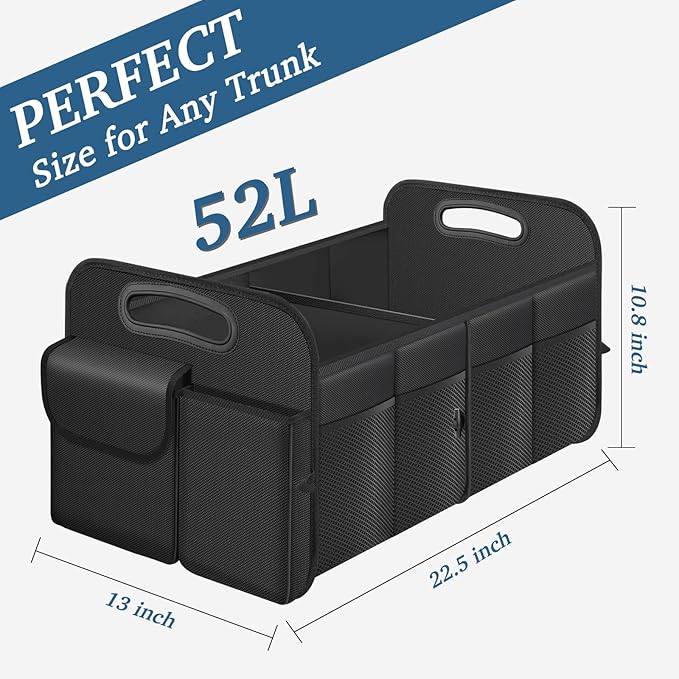 Trunk Organizer, Collapsible Waterproof car Trunk Organizer for SUVs & Sedans, Car Storage Organizers with Reinforced Handles, Car Accessories for Women and Men, 2 Compartments, 52L, Black