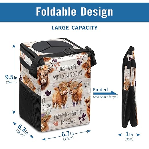Cute Highland Cow Car Trash Can with Lid Collapsible Reusable Waterproof Car Garage Bag,Automotive Garbage Can,Car Accessories Interior Car Organizer