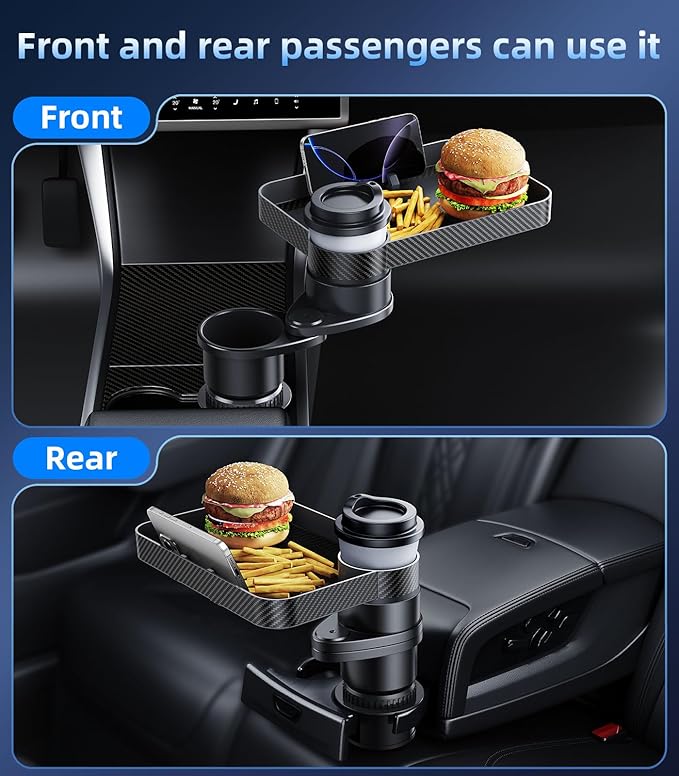Car Double Cup Holder Tray Table, Swivel Car Food Tray Table for Front/Rear Passenger Seat for Eating, Cup Holder Expander with Phone Holder, Drink Sauce Holder for Car, Road Trip Essentials