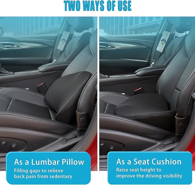 Car Seat Cushion for Driving - Comfort Memory Foam for Car Driver Seat- Back Support, Pain Relief - for Car Travel, Long Trips (Black)