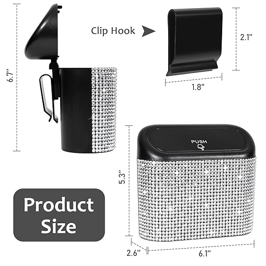 Accmor Bling Car Trash Can with Lid, Mini Auto Garbage Storage Bin with 60pcs Garbage Bags, Sparkling Crystal Trash Bags Holder Dustbin Vehicle Accessories Container Organizer (White Rhinestone)