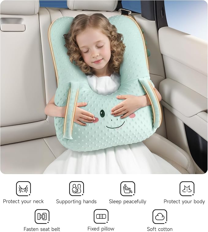 BEBAS U-Shaped Kids Travel Pillow for Car - Comfortable Neck and Head Support Pillow for Sleeping on Long Trips, Cute Cartoon Design, Ideal for Car Seats, Booster and Home Use, Great Gift Idea（Green）