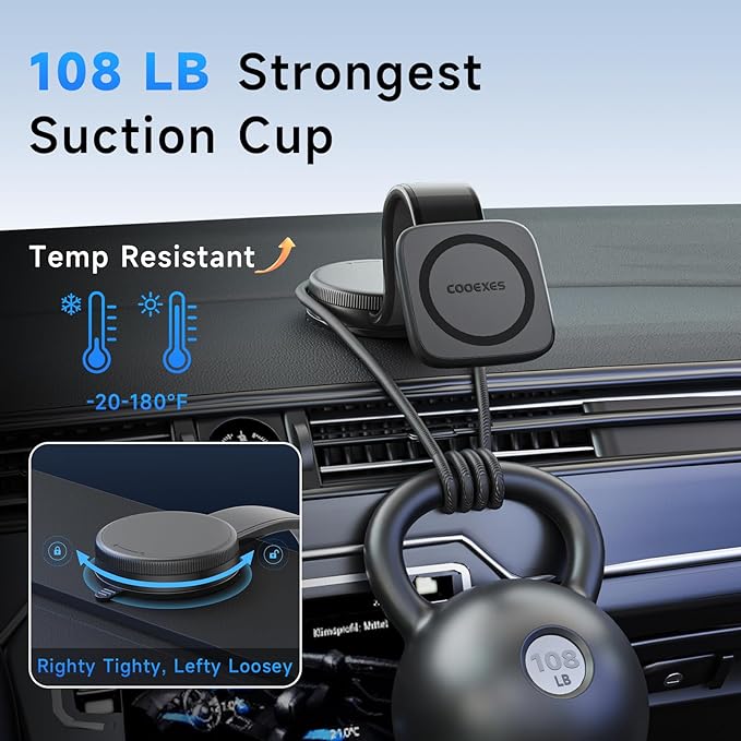 Magnetic Car Phone Holder, Bendable Alloy Arm Car Mount with Vacuum Suction, All-in-one Dessign & 108LBS Strongest Suction & 360° Rotation for All MagSafe Phones iPhone 17 16 15 14 Pro Max