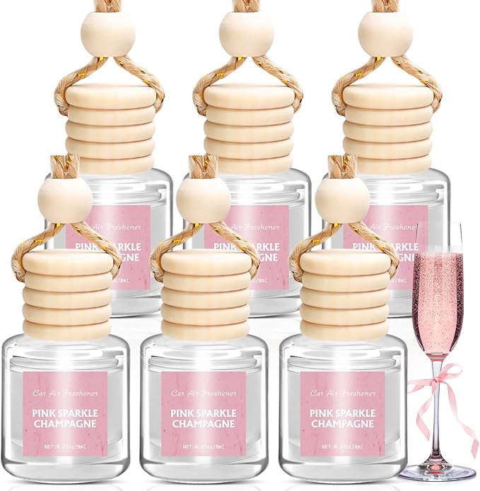 AROIC Car Air Freshener - Pink Sparkle Champagne Fragrance, 6 Pack Long Lasting Essential Oil Fragrance Diffuser, Hanging Cute Automotive Perfumes Interior Decor, Pink Car Accessories for Women & Men
