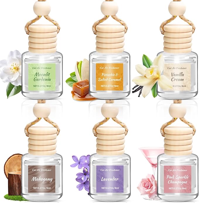 6 Pack Car Air Freshener for Women, Long Lasting Slow-Release Natural Essential Oil Scents Air Freshener Diffuser, Hanging Cute Car Accessories, Refined Auto Interior Decor Gift (8ml Each)