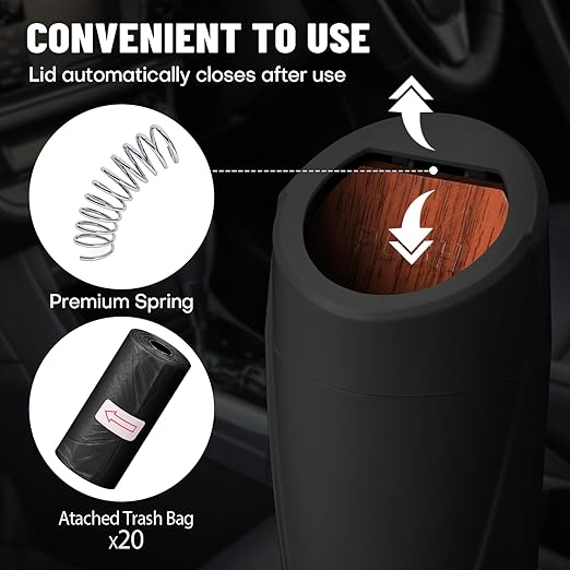 Car Trash Can Bin with Lid - Car Garbage Can Cup Holder - Mini Leakproof Vehicle Garbage Bin with 20pcs Trash Bags-Automotive Organizers and Storage for Front Back Seat Accessories(Wood Grain Lid)