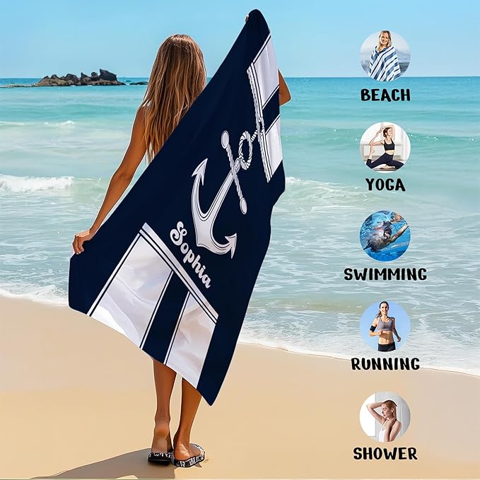 JML Personalized Beach Towel with Name, Custom Anchor Beach Towel, Customized Microfiber Pool Towel, Quick Dry & Absorbent Swim Towel for Adult,Anniversary, Birthday, Summer Holiday,Vacation
