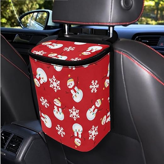 1.2 Gallons Car Can Trash Bag, Christmas Snowman Trash Bags for Cars, Adjustable Hanging for Tail of Console/Back of Seats, with Zipper Leak-Proof Lid Design, Washable, Easy to Install