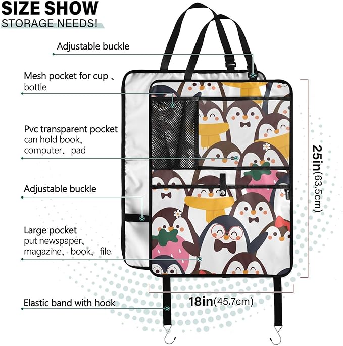 2 Pack Backseat Car Organizer with Storage Pockets Seat Back Organizers for Kids Kick Mats Backseat Protector Automotive Penguin Cute