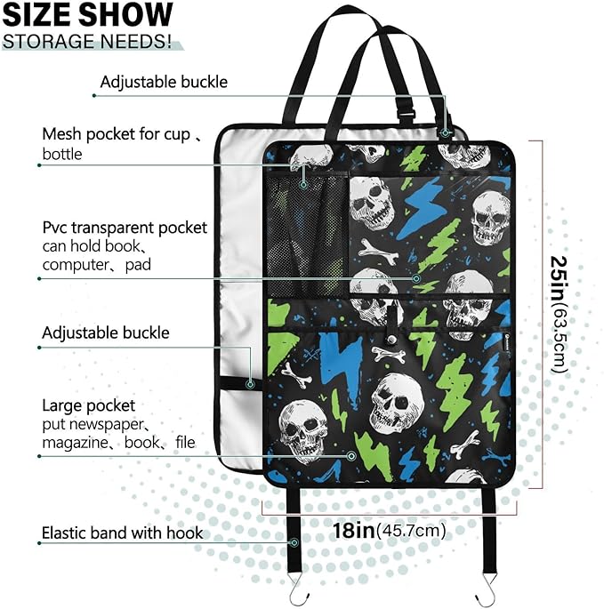 1 Pack Back Seat Car Organizer with Storage Pockets Kick Mats Back Seat Protector Hanging Car Organizer Automotive Seat Back Cover Organizers Skull Lightning Colorful