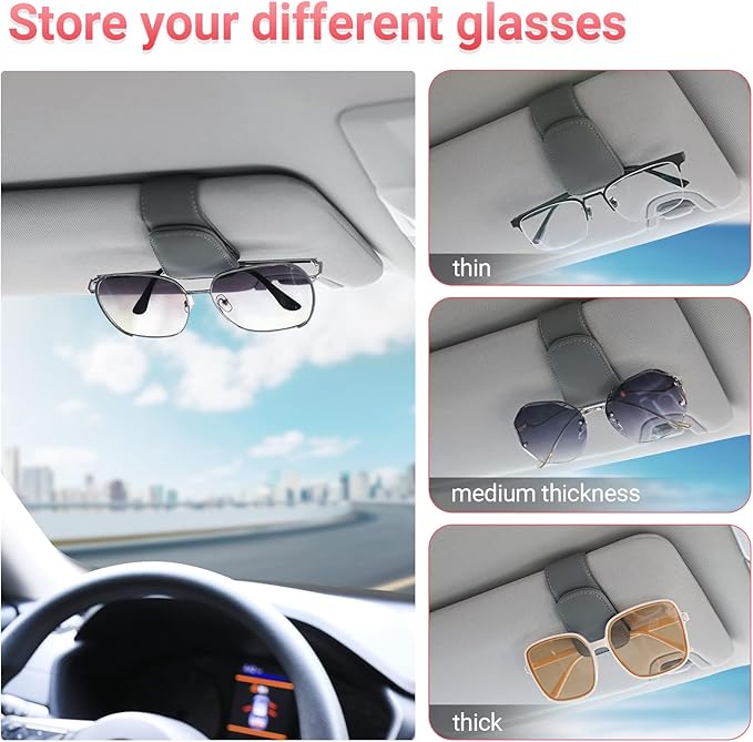 Sunglass Holder for Car Visor Sunglasses Clip Magnetic Leather Glasses Eyeglass Holder Interior Car Accessories for Woman Man - 2 Packs Gray