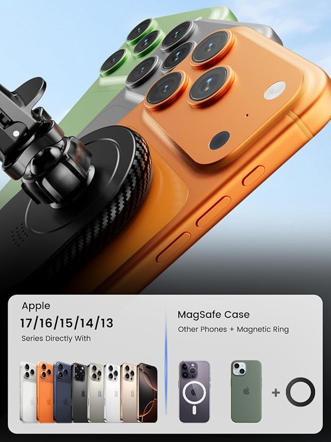 OHLPRO for iPhone 17 MagSafe Car Mount Charger, 15W Fast Wireless Charging Magnetic Holder with Extendable Suction Cup Arm, Dashboard & Vent Mount Compatible with iPhone 16/15/14/13 Pro Max