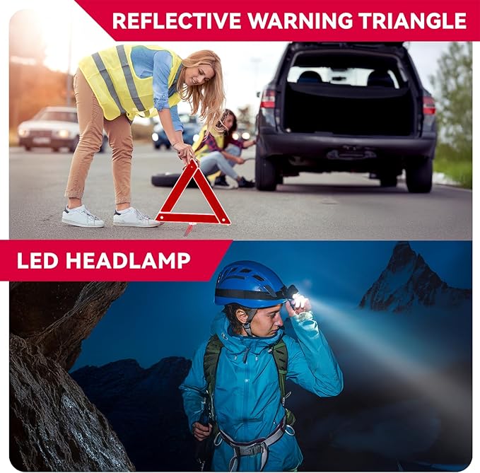 15PC Car Emergency Kit with Jumper Cables, Roadside Assistance Safety Kit for Auto & Truck, Includes Safety Hammers, Tow Strap, Warning Triangle, First Aid, Gifts for Young Men or Women,Red