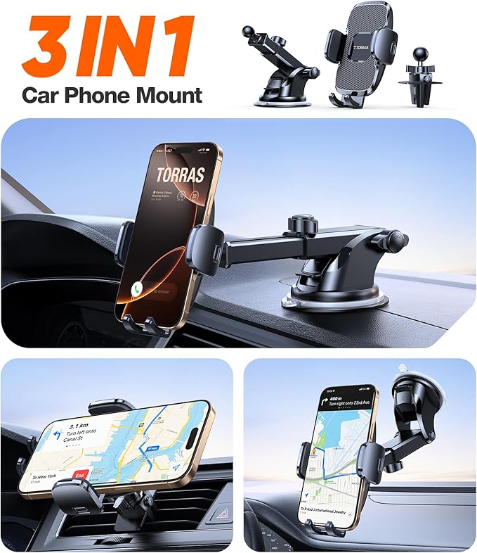 TORRAS Ultra-Durable Phone Holders for Your Car【96+LBS Strongest Suction】 Car Phone Holder Mount, Safety Certs Cell Phone Car Mount Truck for Dashboard Windshield Vent for iPhone 17 16 15 14 Pro Max