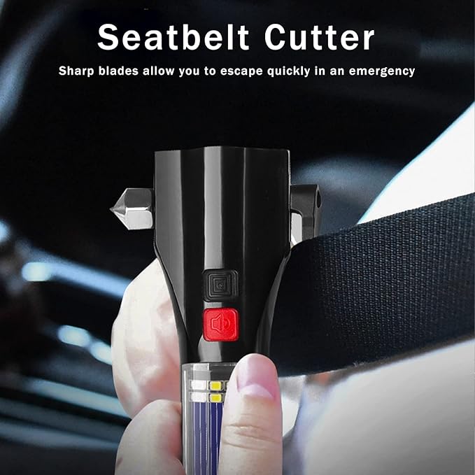 All-in-1 Car Safety Hammer, Multi-Function Emergency Escape Hammer with Window Breaker and Seatbelt Cutter, Mobile Power, LED Flashlight, Alarm Rescue, Strobe SOS Beacon