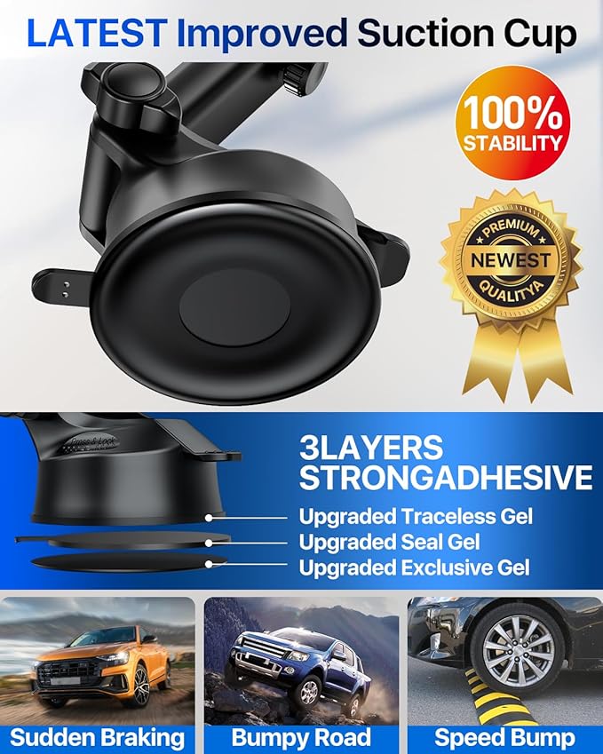 HTU 【98+LBS Strongest Suction & Military-Grade】 Ultimate Car Phone Mount【Patent & Safety Certs】 Cell Phone Holder Truck Stand for Dashboard Windshield Vent for iPhone 17 Pro Max 16 15 Samsung (Black)