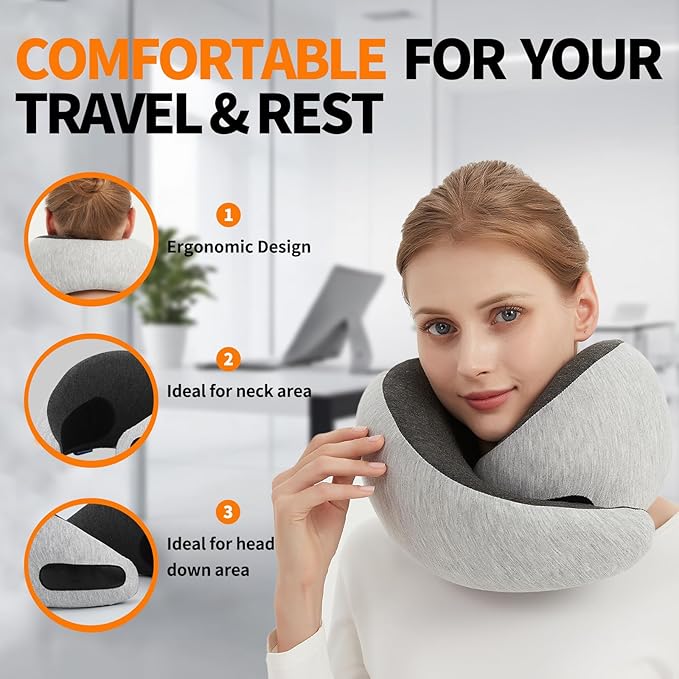 Travel Neck Pillow for Airplane – Memory Foam 360° Support Compact Design Ergonomic Flight Pillow for Sleeping & Neck Support Portable Travel Pillows for Adults, Car, Office Home (Grey)