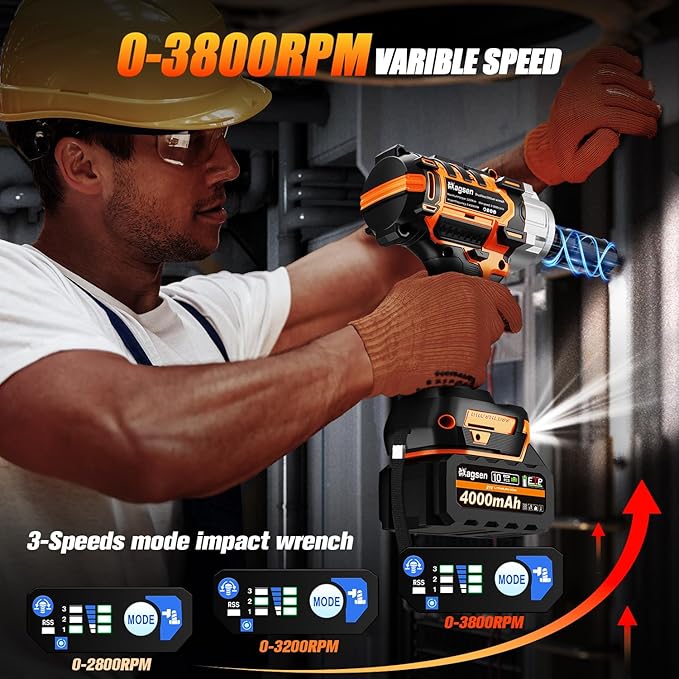 1/2 inch Cordless Impact Wrench, 900Ft-lbs (1200N.m) High Torque Brushless Impact Gun,3800RPM,2x4000mAh Battery, 5 Sockets,LED Light,Electric Impact Motor Variable Speeds for Car/Mower/Pickup