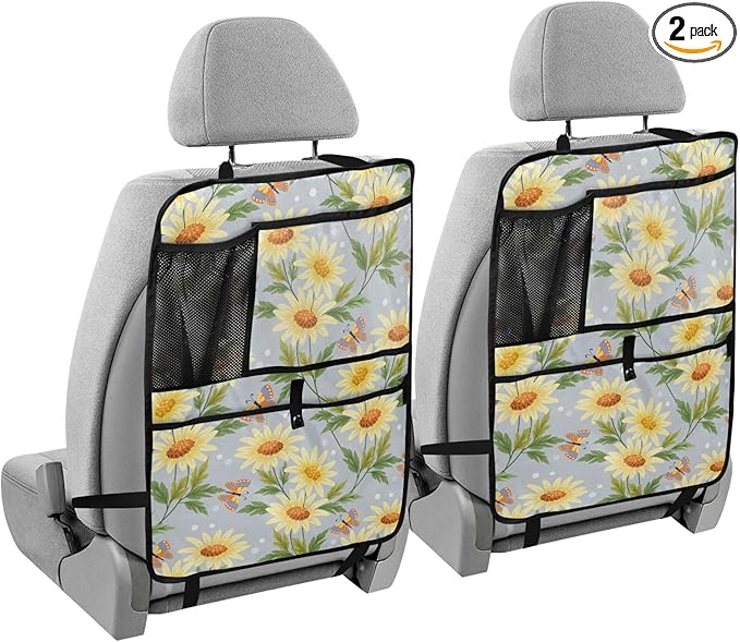 2 Pack Backseat Car Organizer with Storage Pockets Seat Back Organizers for Kids Kick Mats Backseat Protector Automotive Yellow Sunflowers