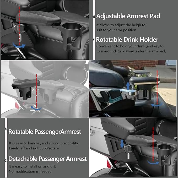 Motorcycle Passenger Armrests Adjustable with Cup Holder for Harley Touring Electra Glides Road Glide Ultra Tri Glide 1997-2013 Motorbike Accessories Parts Black