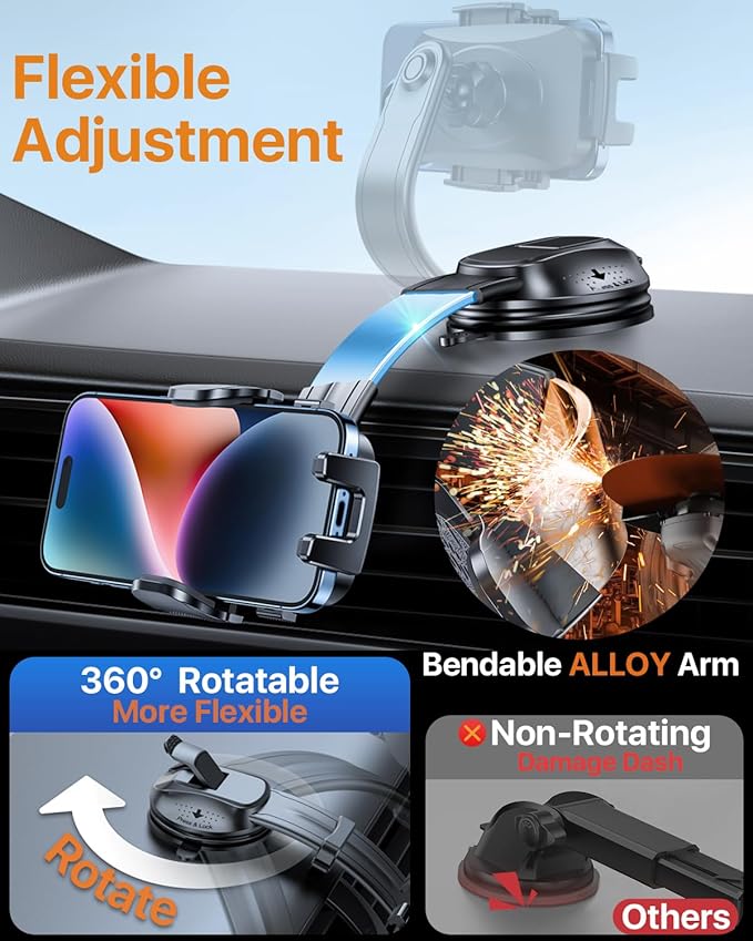 HTU【Upgraded Strongest Suction Car Phone Holder【Bendable Arm, Never Block View】 Rotatable Cellphone Mount for Dashboard Windshield Vent,Cradle Stand for iPhone 17 16 15 14 13 12 Pro Max, Light Gray
